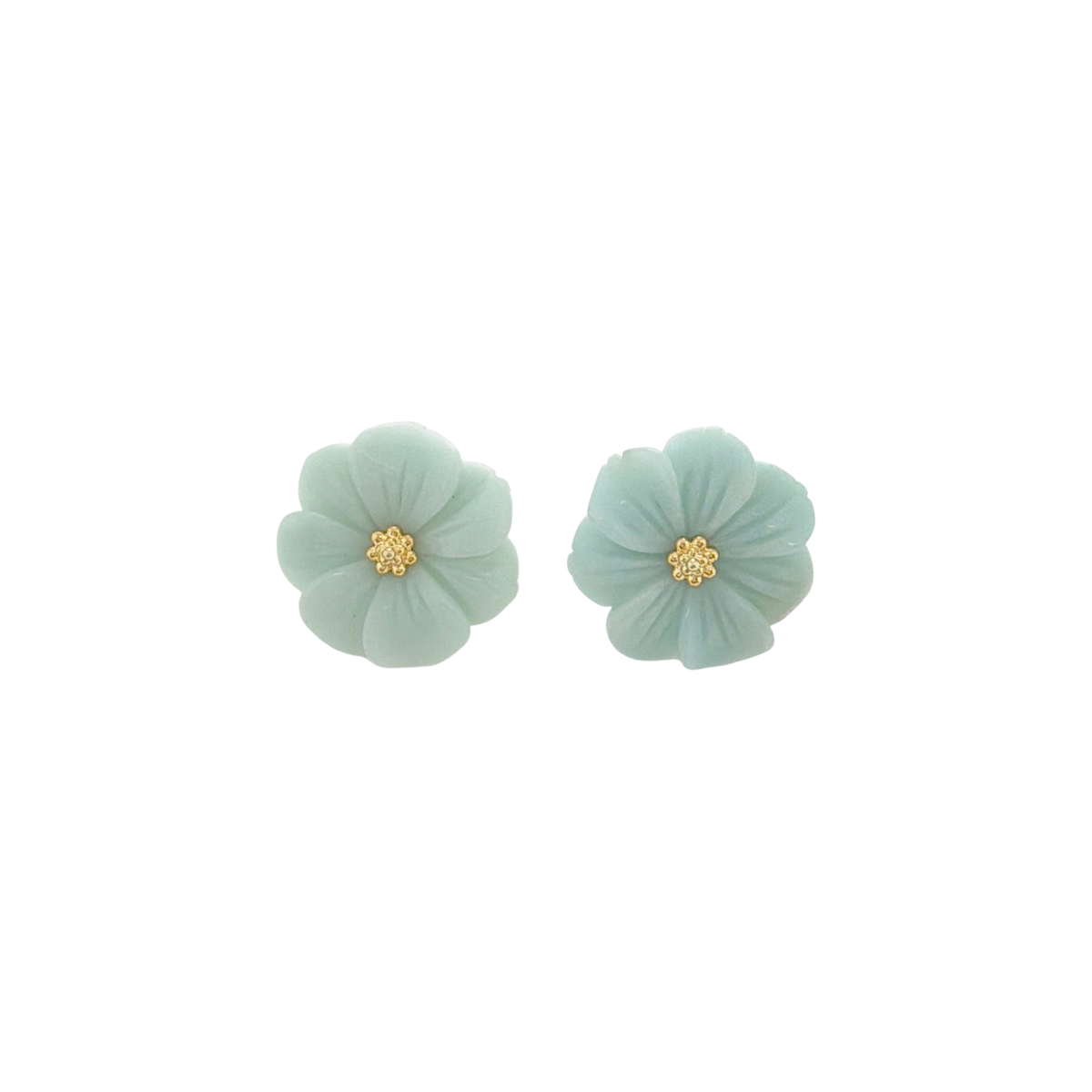 A pair of mint green flower-shaped stud earrings with small gold centers, shown on a plain white background.