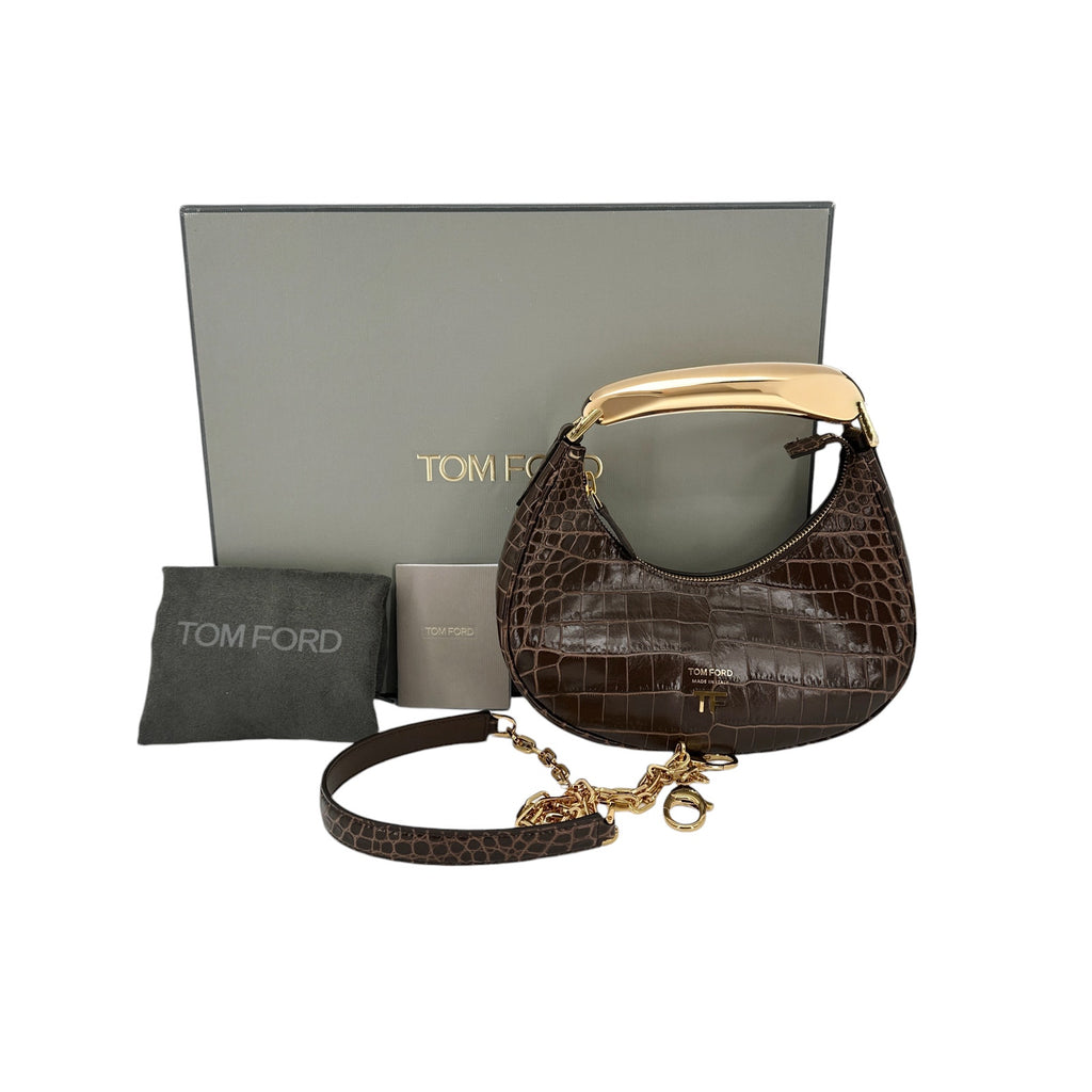 TOM FORD Calfskin Crocodile Embossed Mini Bianca Hobo Chestnut