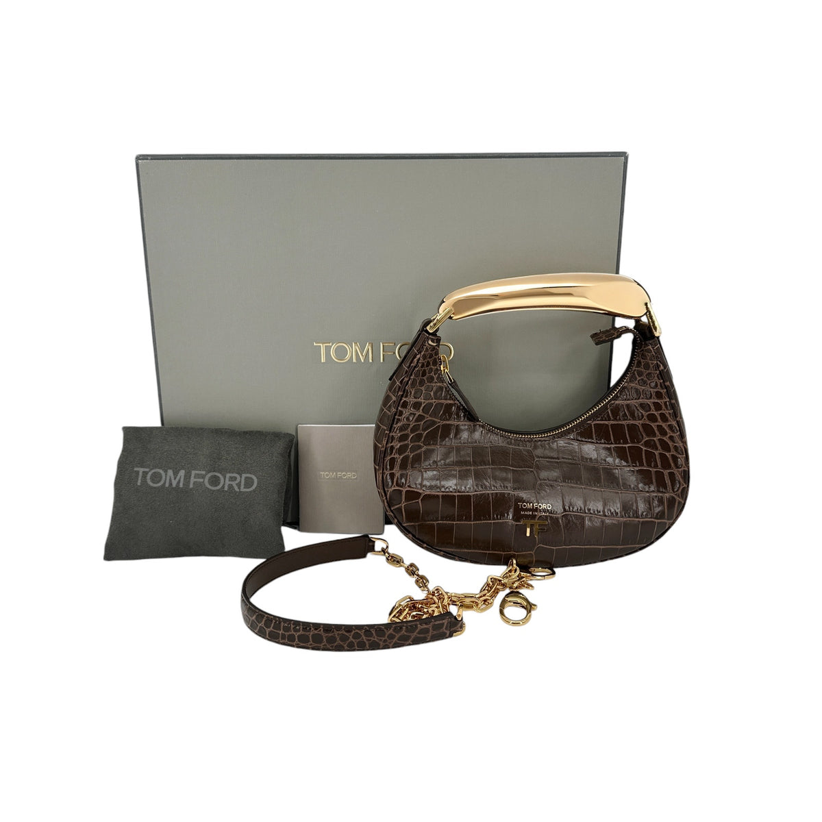 TOM FORD Calfskin Crocodile Embossed Mini Bianca Hobo Chestnut