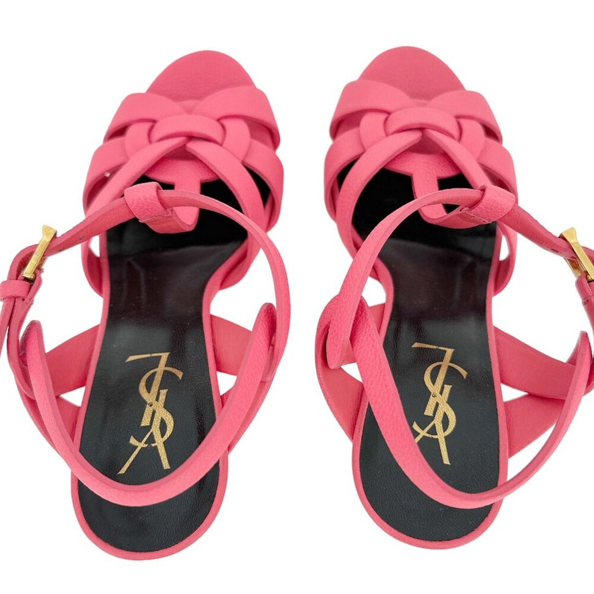 SAINT LAURENT Grained Calfskin Tribute 75 Platform Sandals in Rose Clair 37
