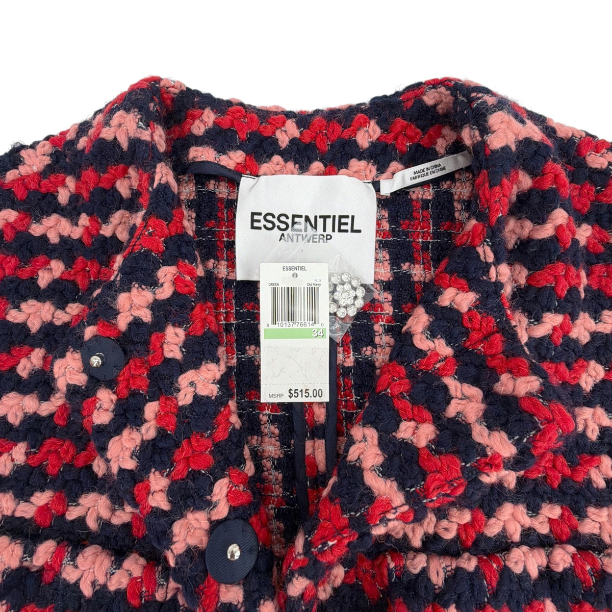 ESSENTIEL ANTWERP Wool Blend Tweed Jacket in Navy Peach & Red XS