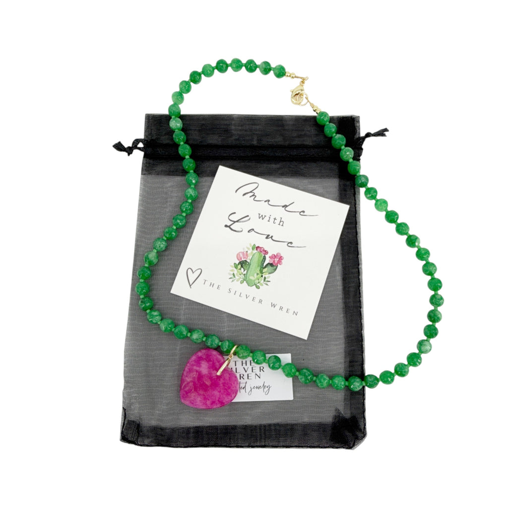 THE SILVER WREN Abel Beaded Necklace in Green and Pink 18"
