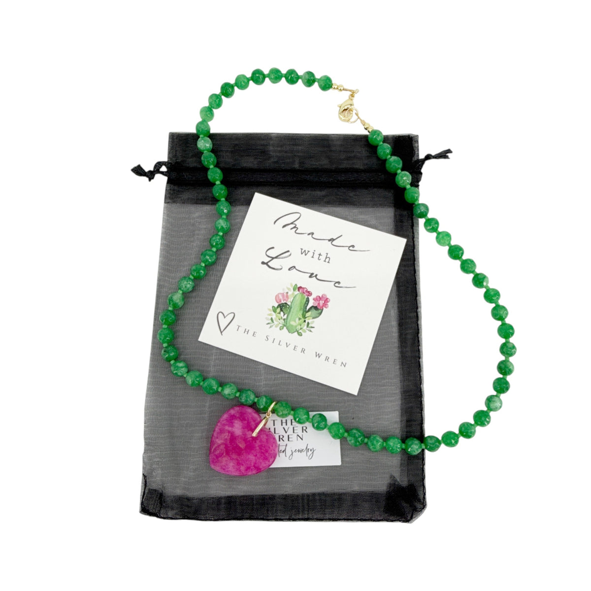 THE SILVER WREN Abel Beaded Necklace in Green and Pink 18"