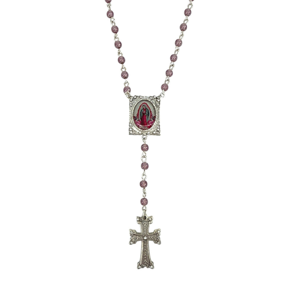 VSA Retablo Guadalupe Rosary Necklace in Silver & Pink