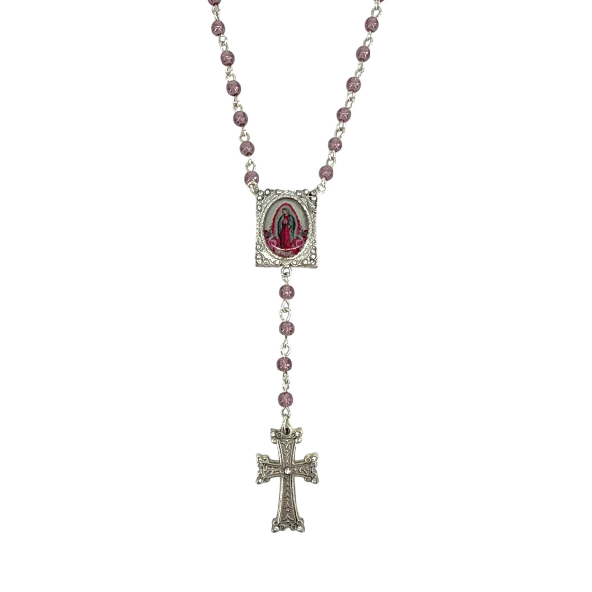 VSA Retablo Guadalupe Rosary Necklace in Silver & Pink