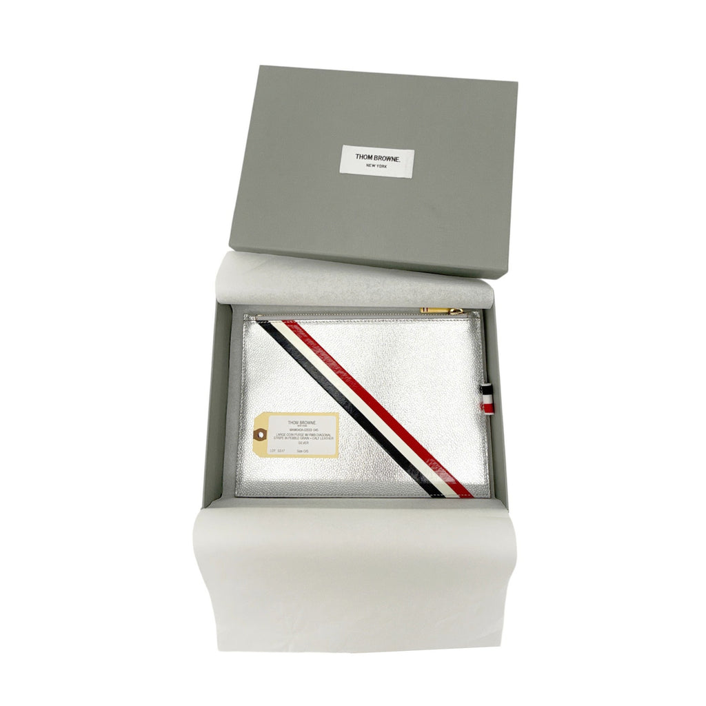 THOM BROWNE Diagonal Stripe Large Coin Wallet Clutch in Silver