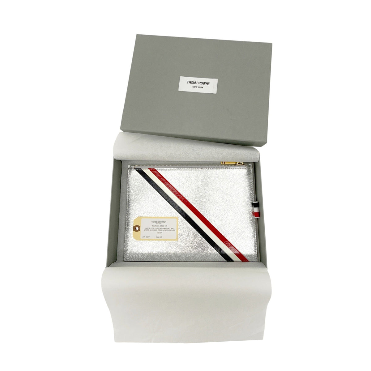 THOM BROWNE Diagonal Stripe Large Coin Wallet Clutch in Silver