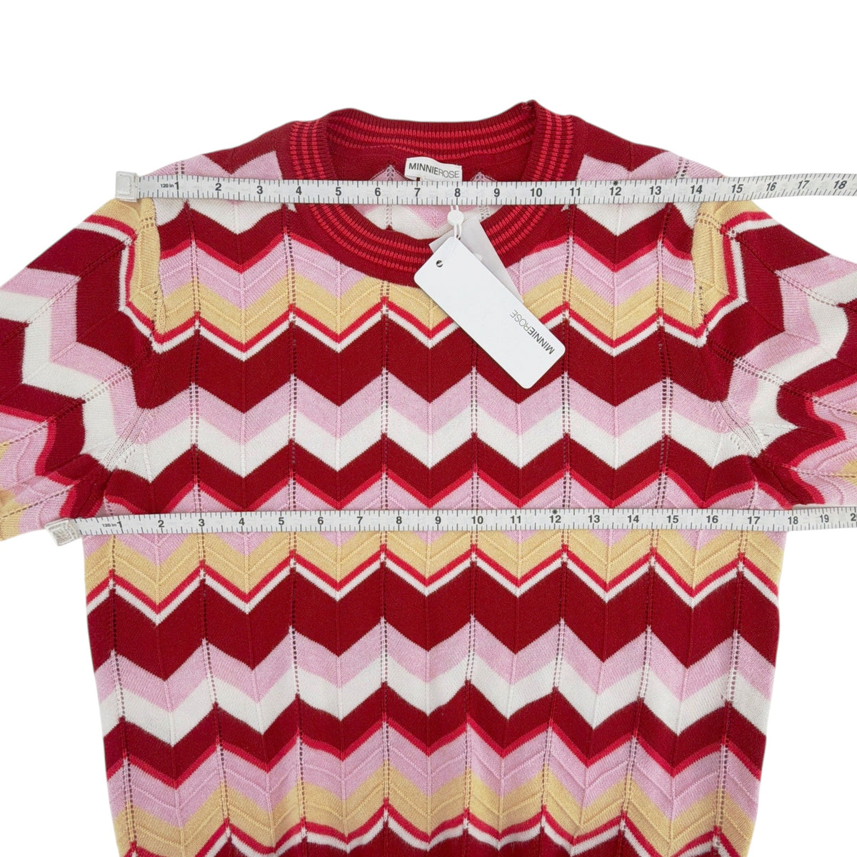 MINNIE ROSE Chevron Pointelle Crew Sweater in Red Multi M