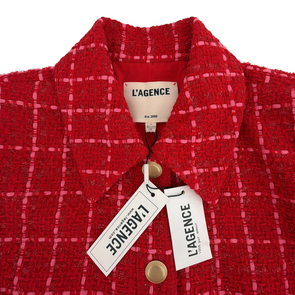 L'AGENCE Cove Cropped Tweed Jacket in Red & Hot Pink Plaid 10|L