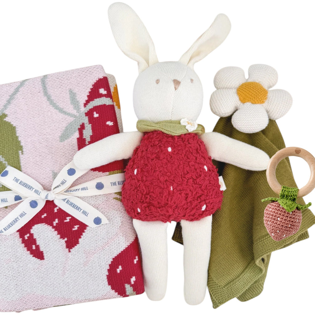 THE BLUEBERRY HILL Strawberry Bunny Baby Gift Basket: Wicker Suitcase