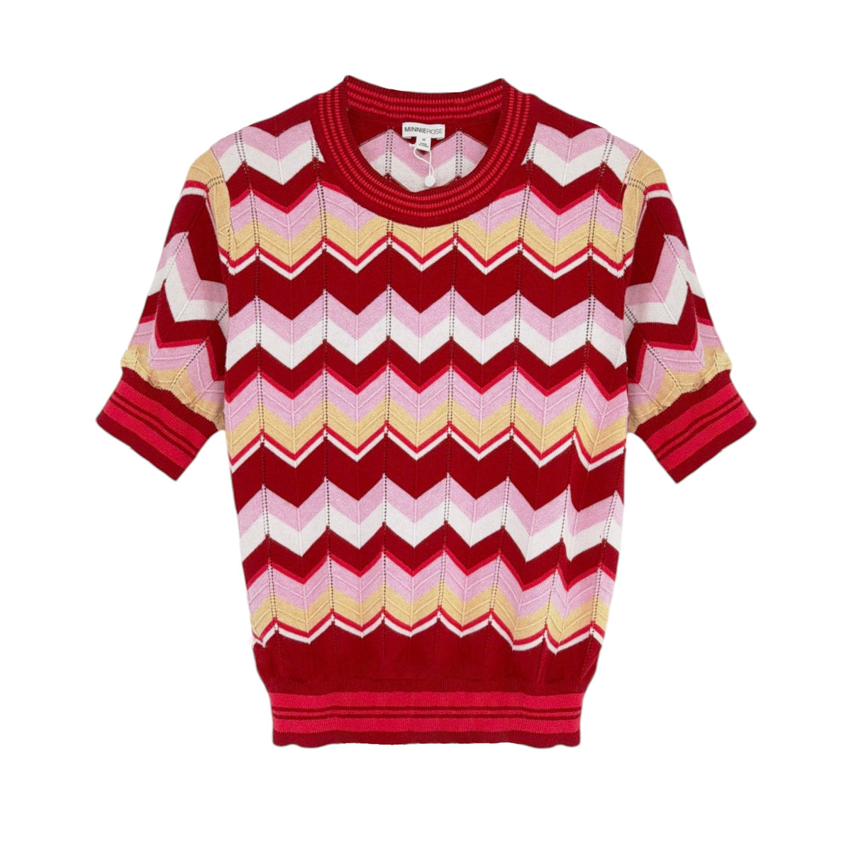 MINNIE ROSE Chevron Pointelle Crew Sweater in Red Multi M