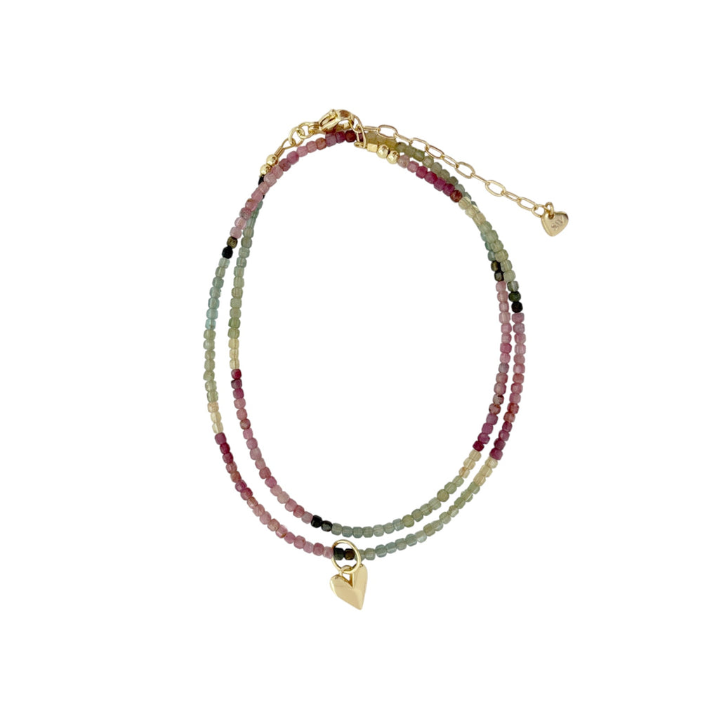 THE SILVER WREN Natural Tourmaline Beaded Necklace+Heart Charm