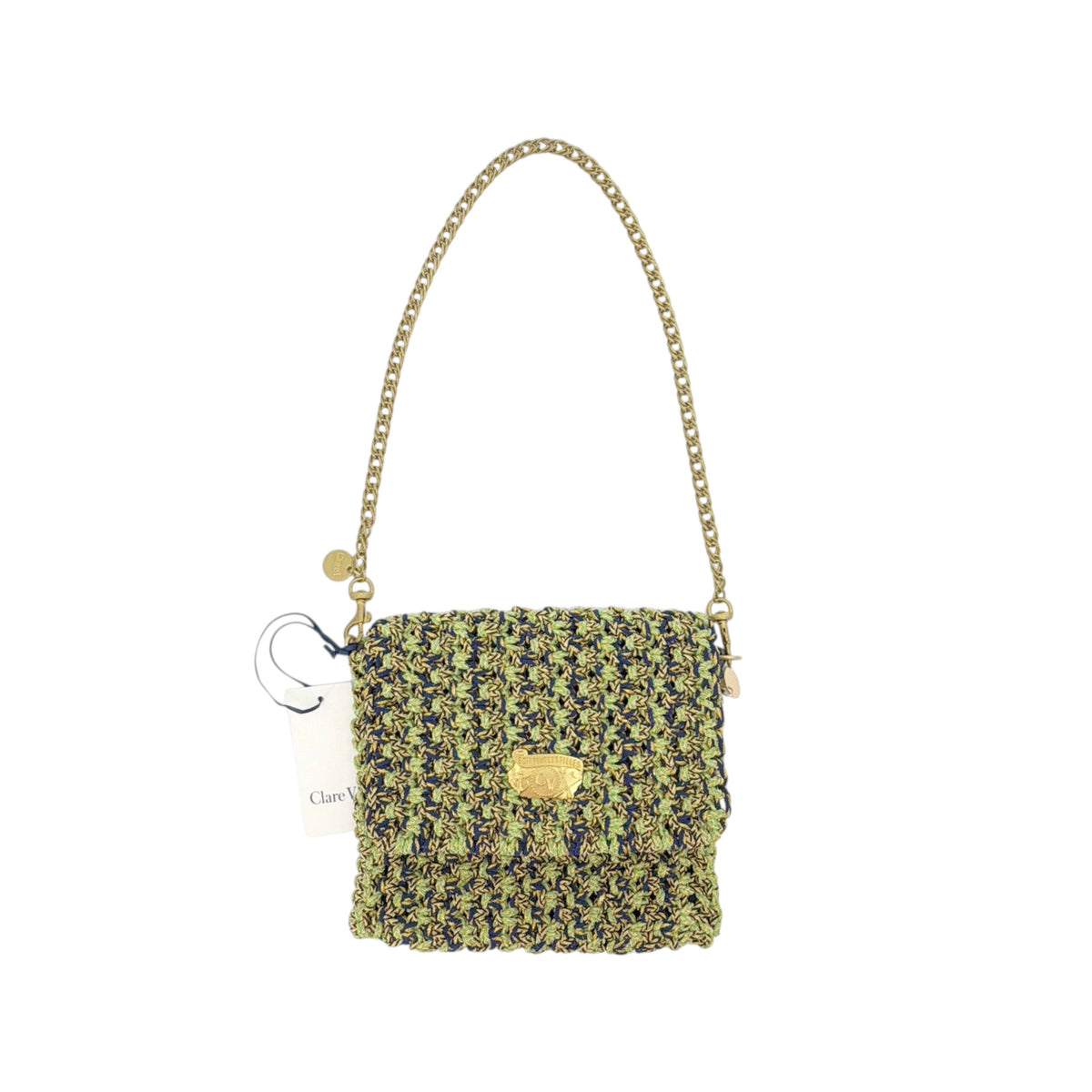 CLARE V. Ramya Bag in Green & Navy Metallic Crochet