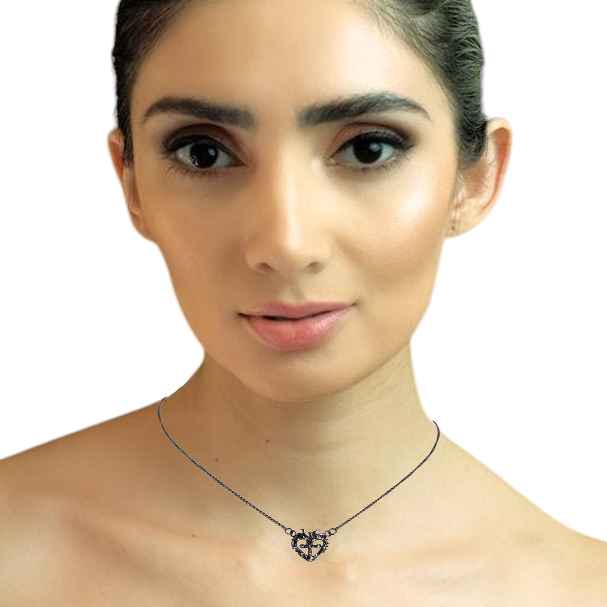 VSA Queen of Hearts Petite Logo Necklace Gunmetal