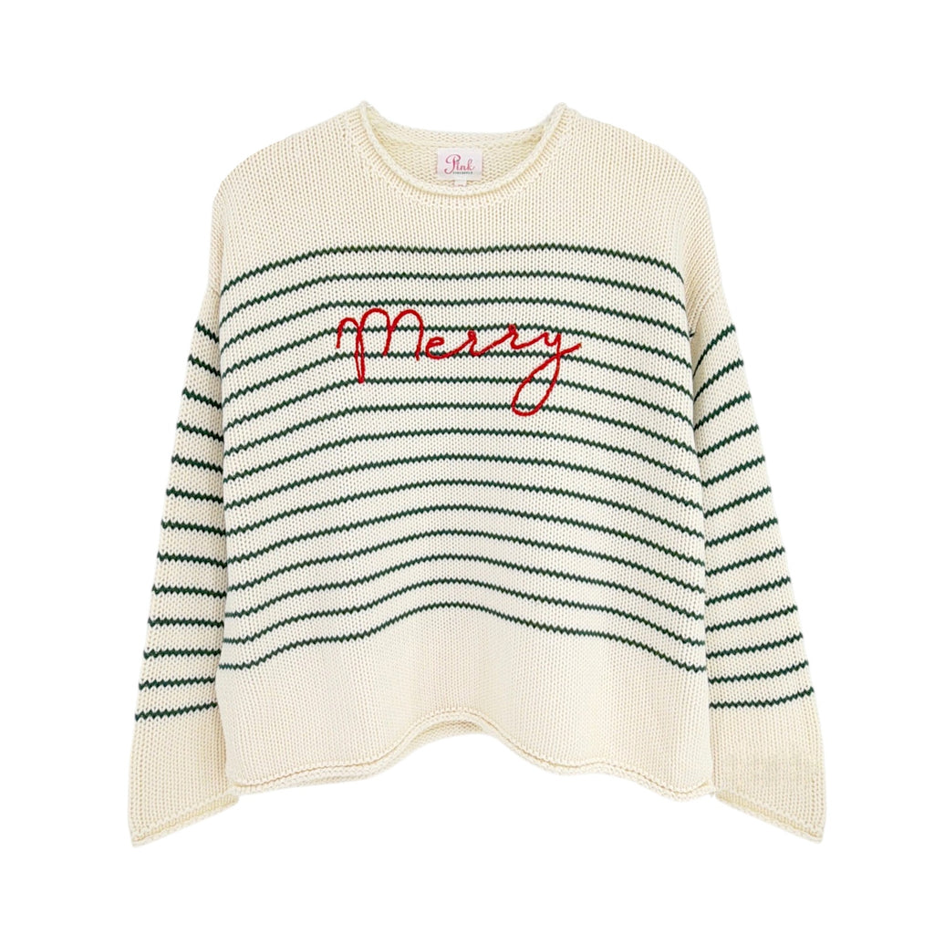PINK PINEAPPLE Chloe Stripe Rollneck Merry Sweater in Ivory/Green XS