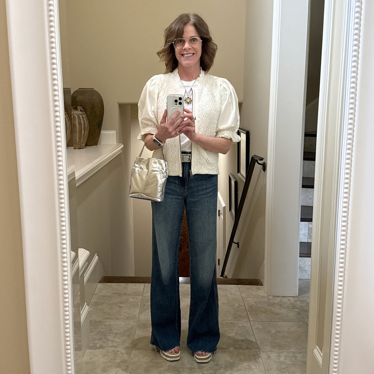 ANTHROPOLOGIE Puff-Sleeve Mock-Neck Mixed Media Cardigan Sweater M