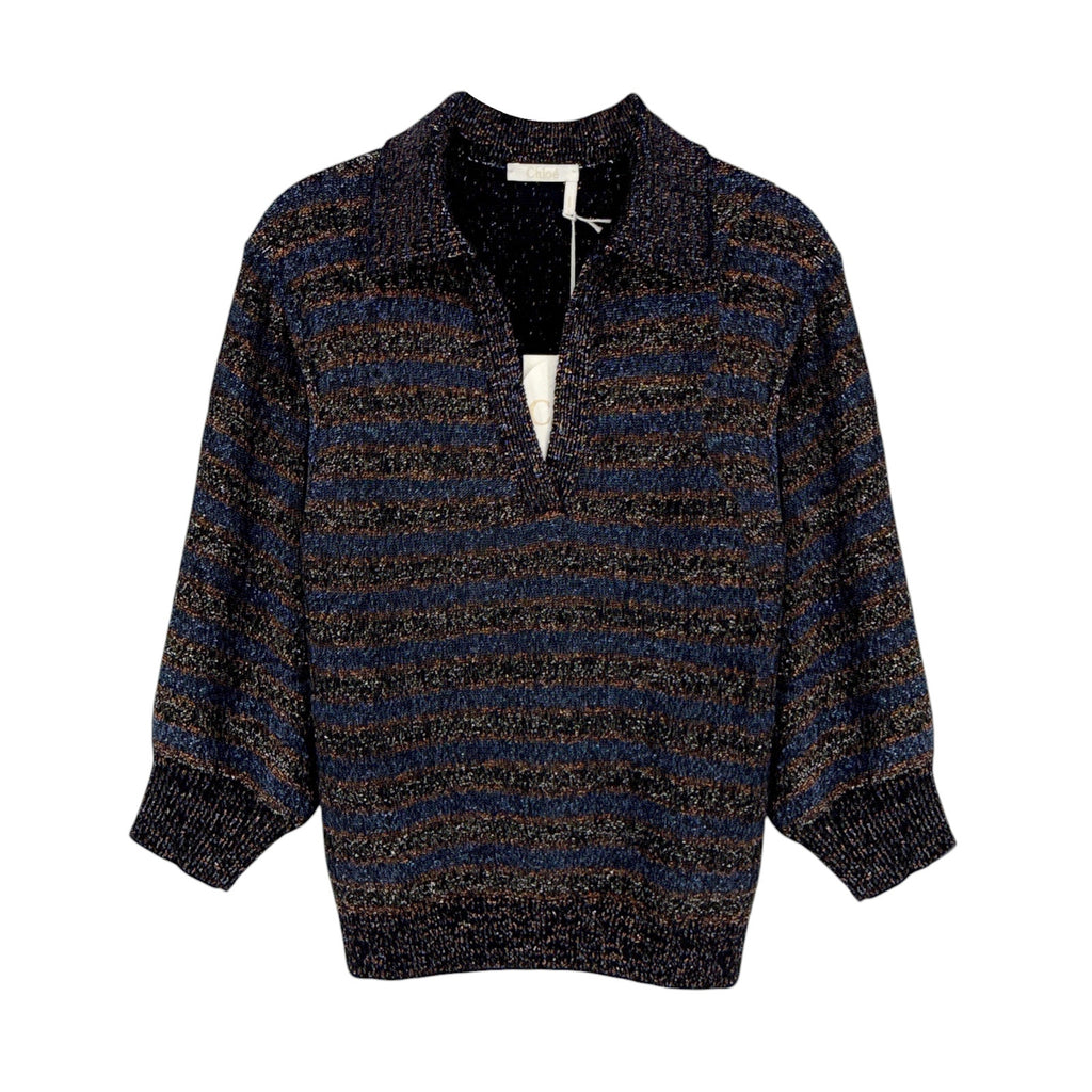CHLOE Lurex Polo Sweater in Dark Navy M