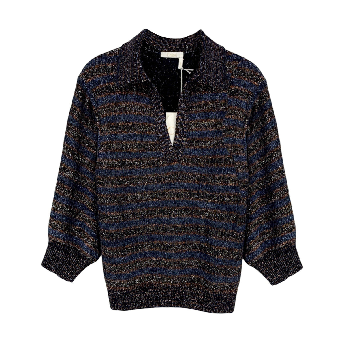 CHLOE Lurex Polo Sweater in Dark Navy M