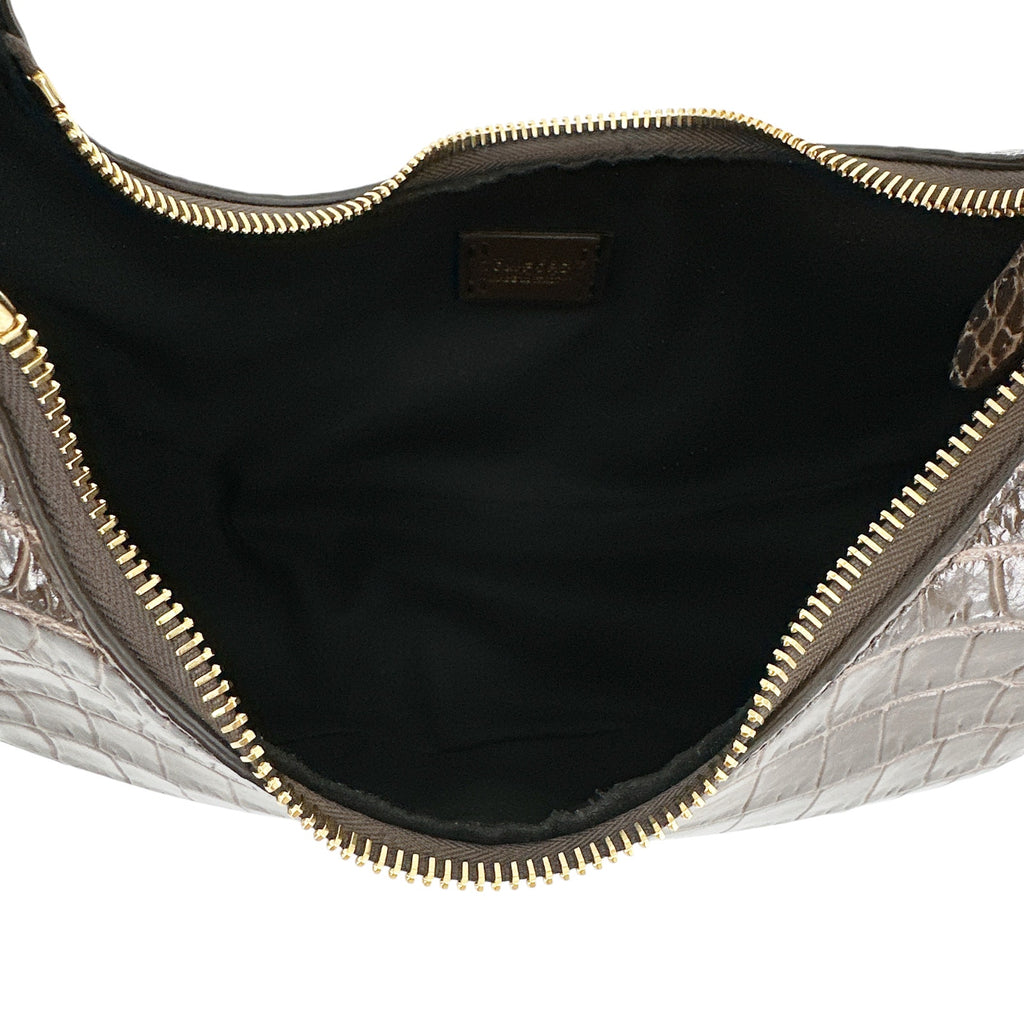 TOM FORD Calfskin Crocodile Embossed Mini Bianca Hobo Chestnut