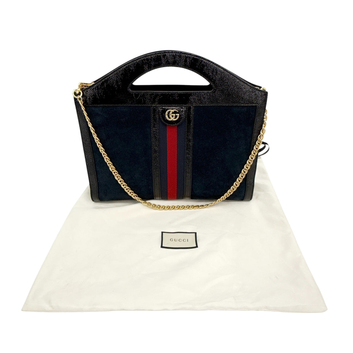 GUCCI Ophidia Cut Out Handle Bag Suede Medium in Navy