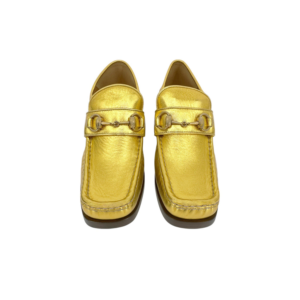 GUCCI Vegas Horsebit Collapsible Heel Metallic Leather Loafer 37