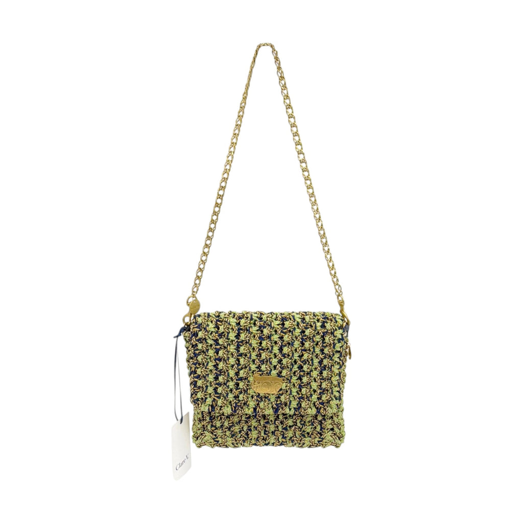 CLARE V. Ramya Bag in Green & Navy Metallic Crochet