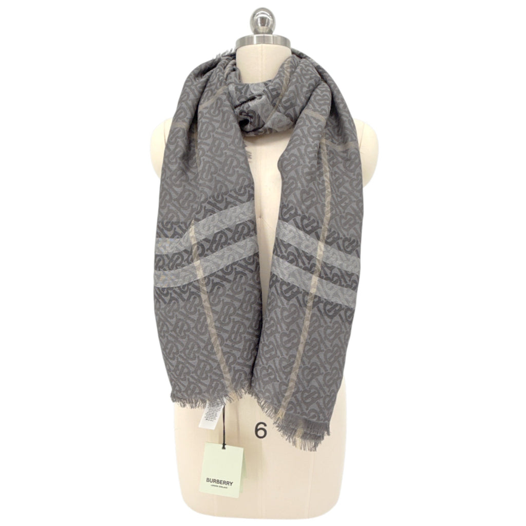 BURBERRY TB Giant Check Gauze Wool &amp; Silk Scarf in Charcoal