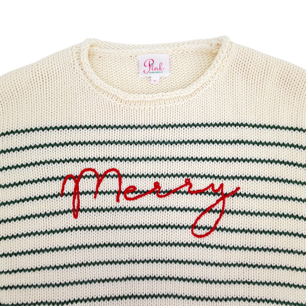 PINK PINEAPPLE Chloe Stripe Rollneck Merry Sweater in Ivory/Green S