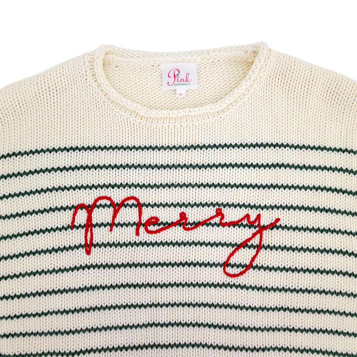 PINK PINEAPPLE Chloe Stripe Rollneck Merry Sweater in Ivory/Green S
