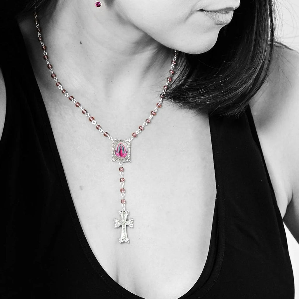 VSA Retablo Guadalupe Rosary Necklace in Silver & Pink
