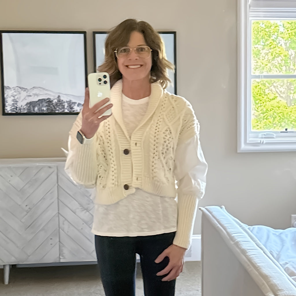 ANTHROPOLOGIE Balloon-Sleeve Twofer Cable-Knit Cardigan Sweater S