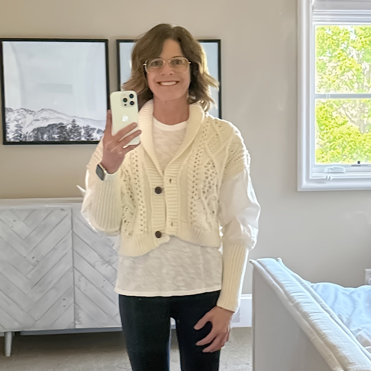ANTHROPOLOGIE Balloon-Sleeve Twofer Cable-Knit Cardigan Sweater S