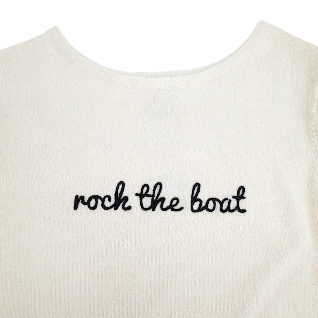 PINK PINEAPPLE Rock the Boat Embroidered Boat Neck Cotton Sweater Ivory S