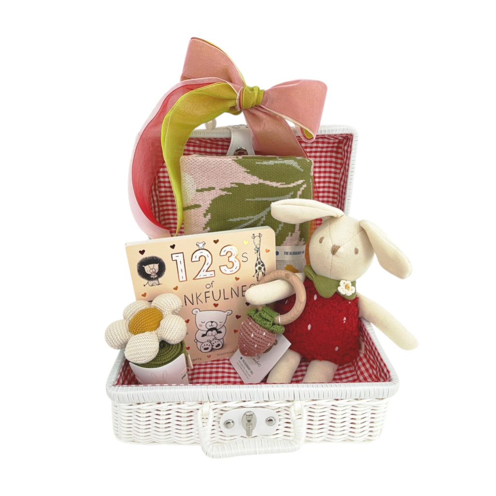 THE BLUEBERRY HILL Strawberry Bunny Baby Gift Basket: Wicker Suitcase