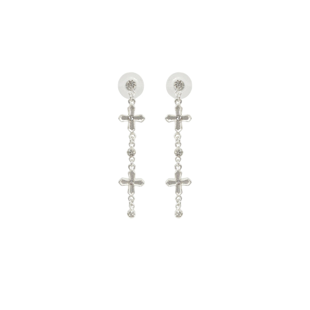 VSA Peace Cross 2 Crystal Drop Post Earrings Silver