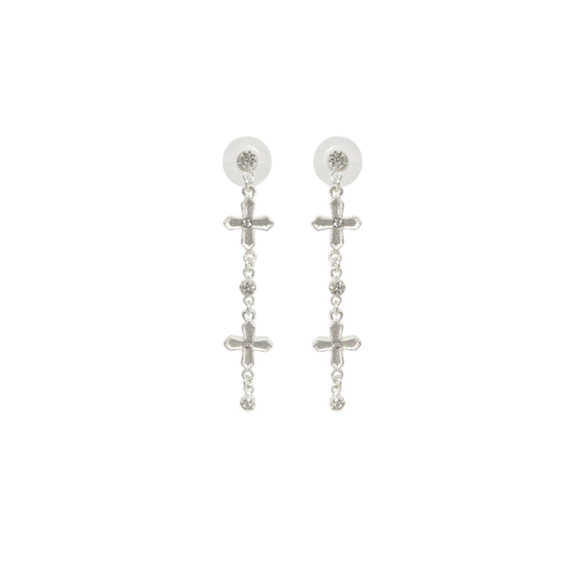 VSA Peace Cross 2 Crystal Drop Post Earrings Silver