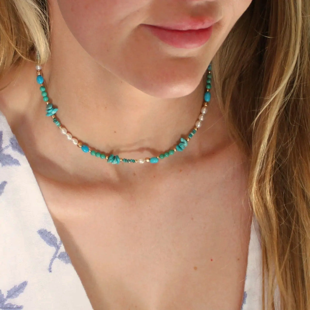 THE SILVER WREN Beaded Turquoise and Pearl Necklace