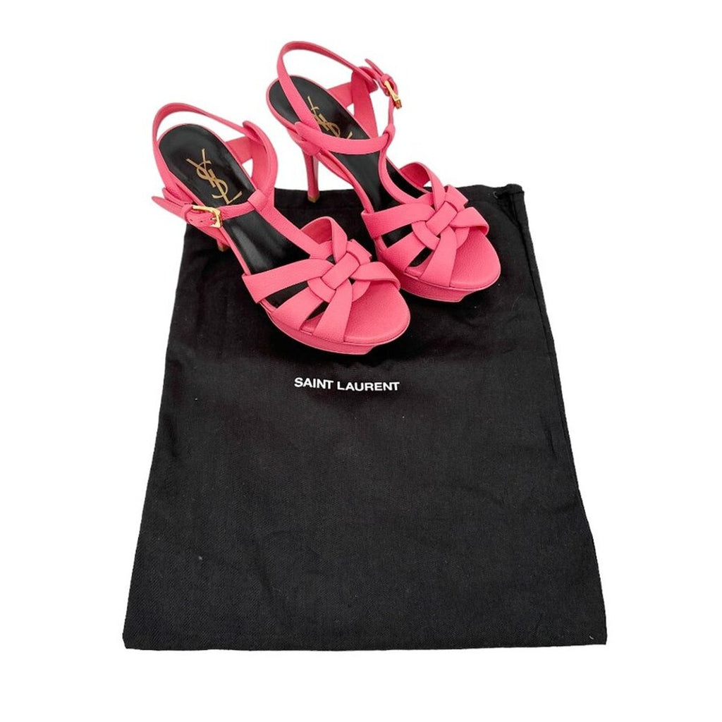 SAINT LAURENT Grained Calfskin Tribute 75 Platform Sandals in Rose Clair 37