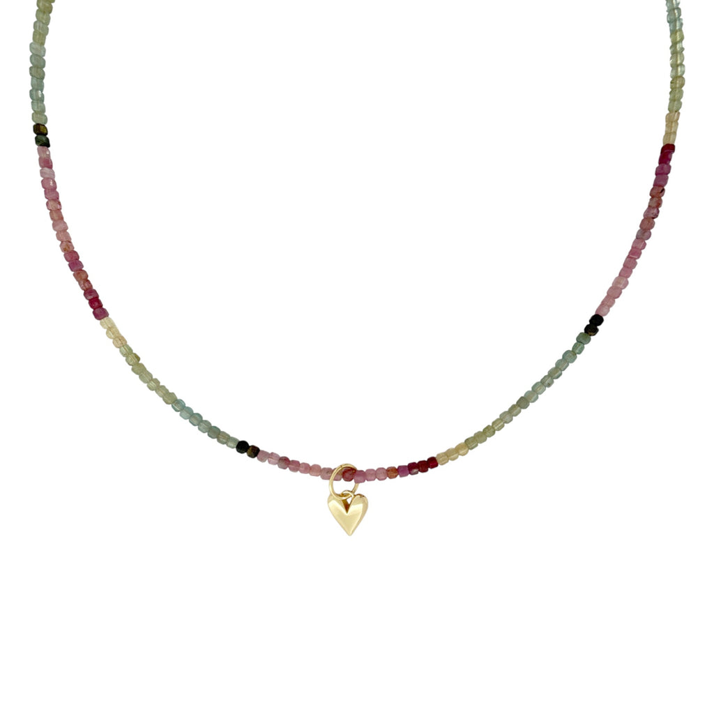 THE SILVER WREN Natural Tourmaline Beaded Necklace+Heart Charm