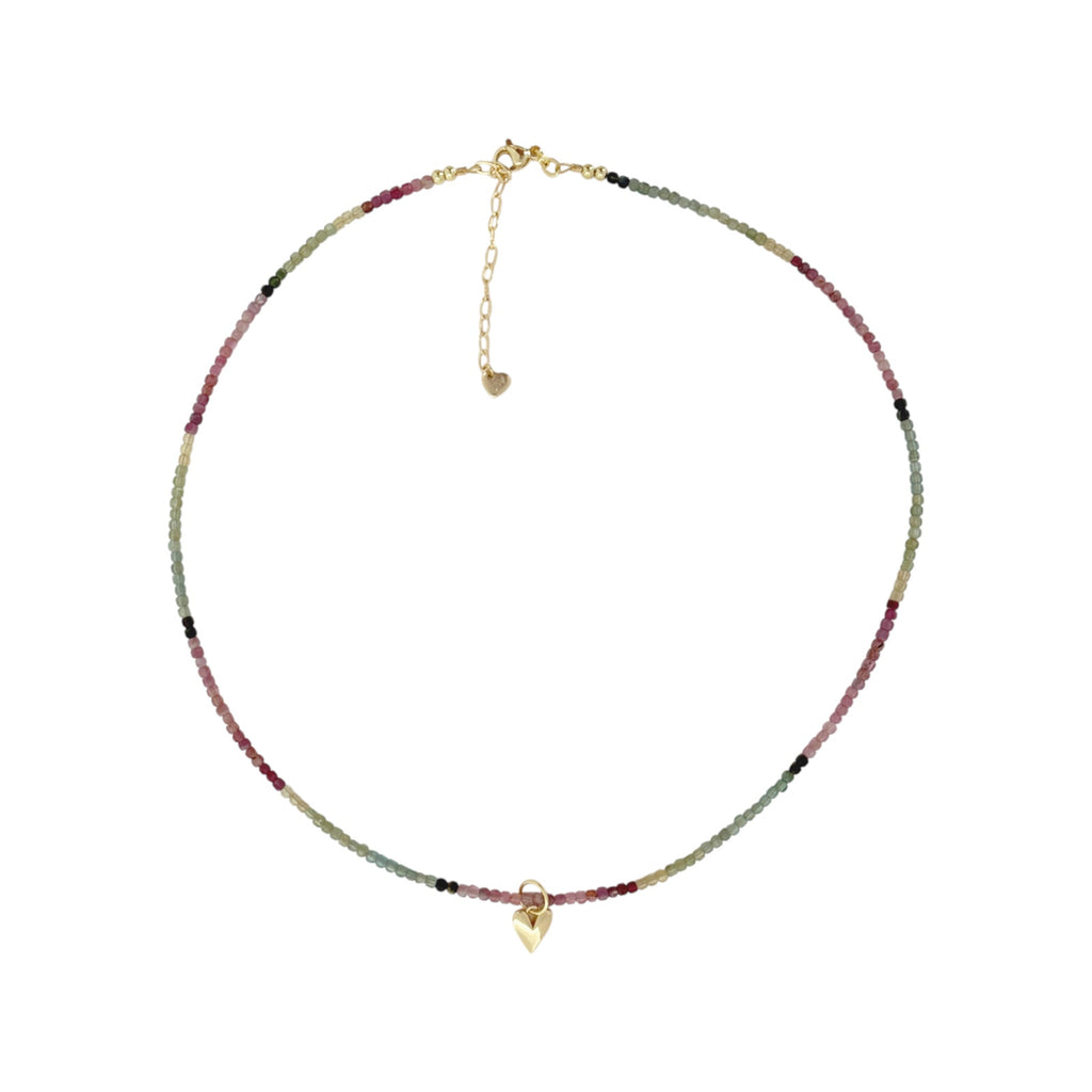 THE SILVER WREN Natural Tourmaline Beaded Necklace+Heart Charm