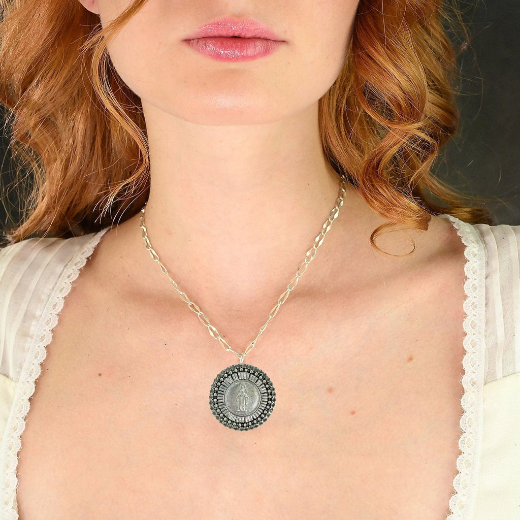 VIRGINS SAINTS & ANGELS VSA Disco Virgin Charm Necklace Silver & Black Diamond