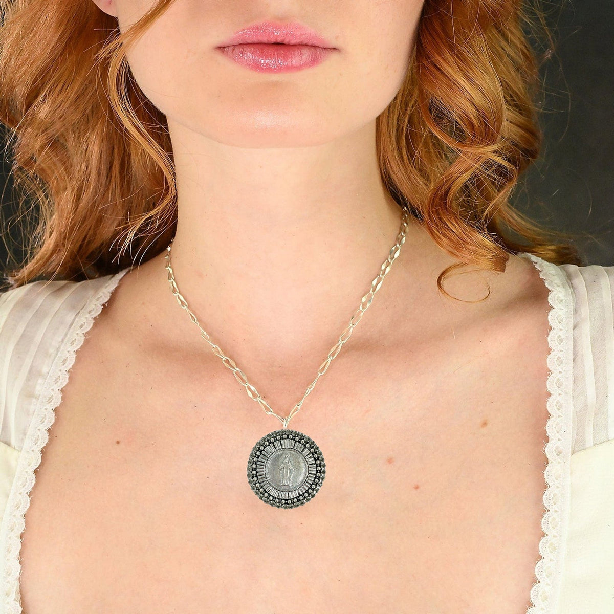 VIRGINS SAINTS & ANGELS VSA Disco Virgin Charm Necklace Silver & Black Diamond