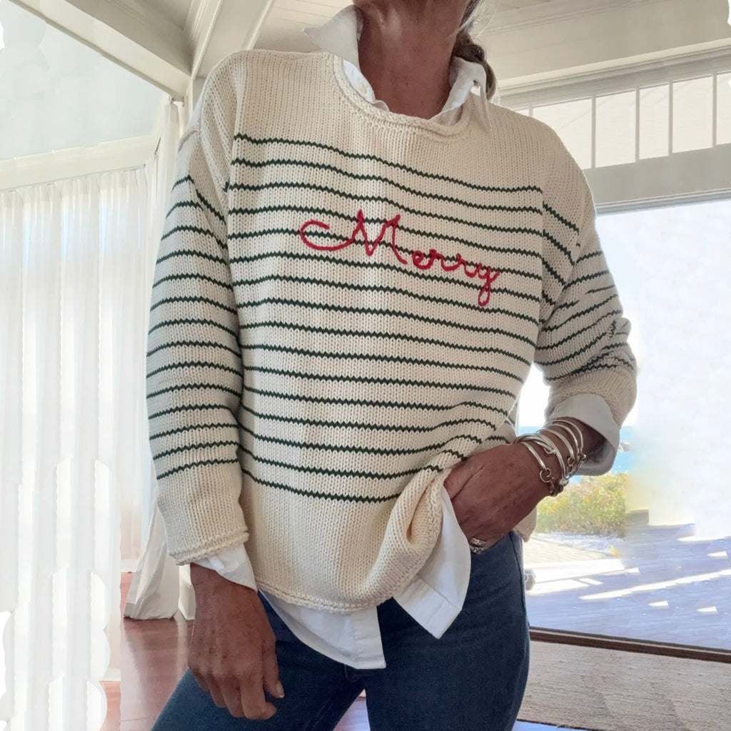 PINK PINEAPPLE Chloe Stripe Rollneck Merry Sweater in Ivory/Green XS