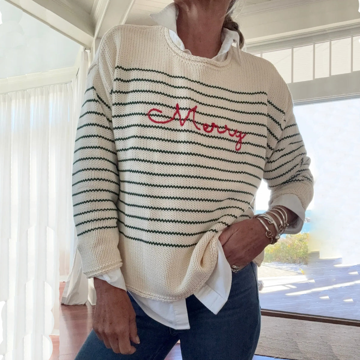 PINK PINEAPPLE Chloe Stripe Rollneck Merry Sweater in Ivory/Green XS