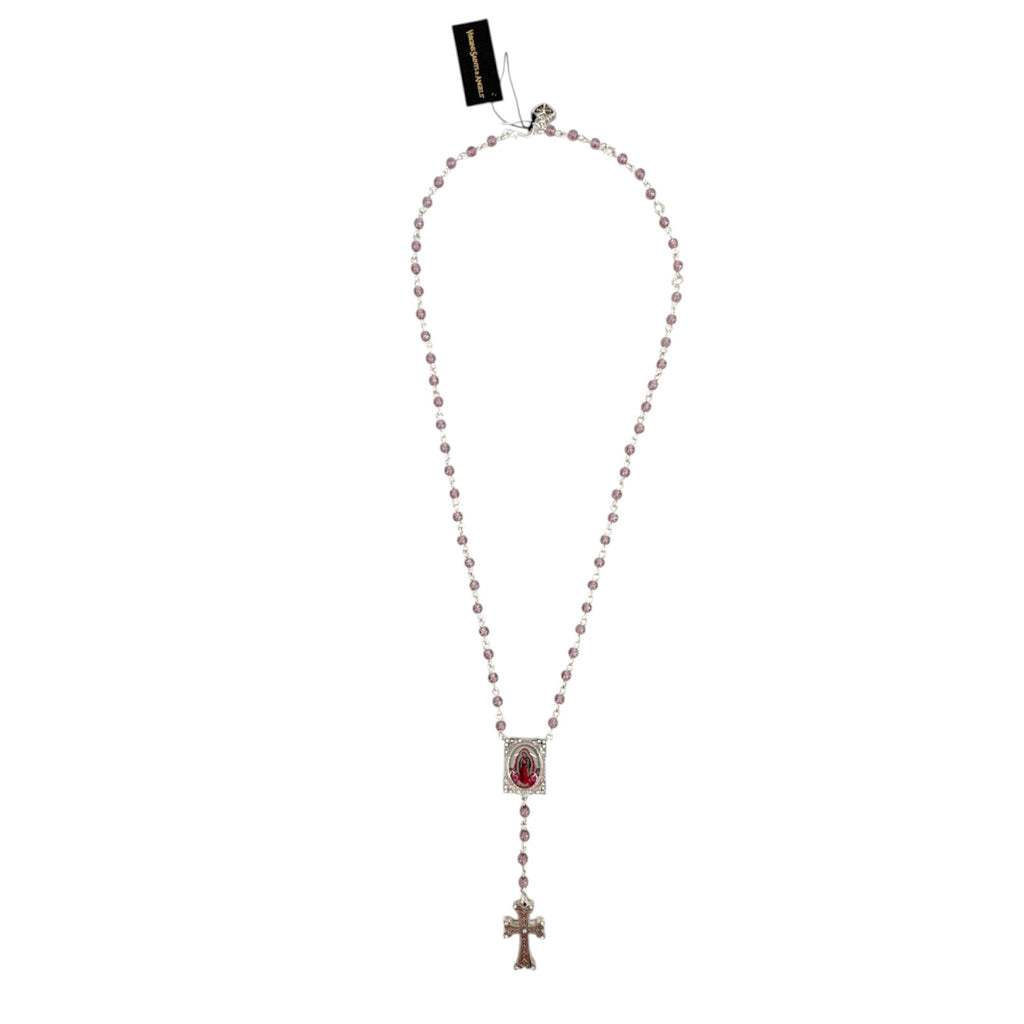 VSA Retablo Guadalupe Rosary Necklace in Silver & Pink