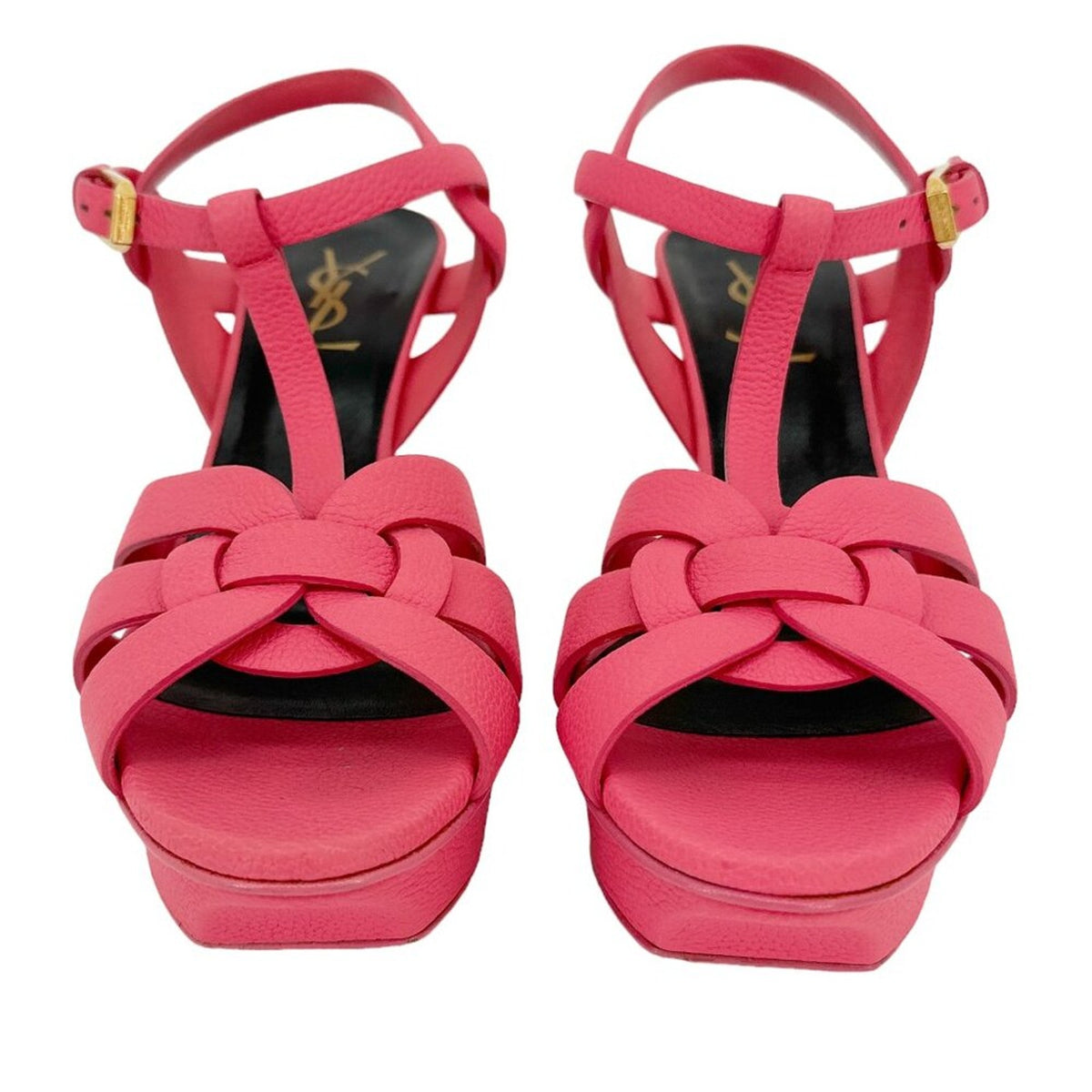 SAINT LAURENT Grained Calfskin Tribute 75 Platform Sandals in Rose Clair 37