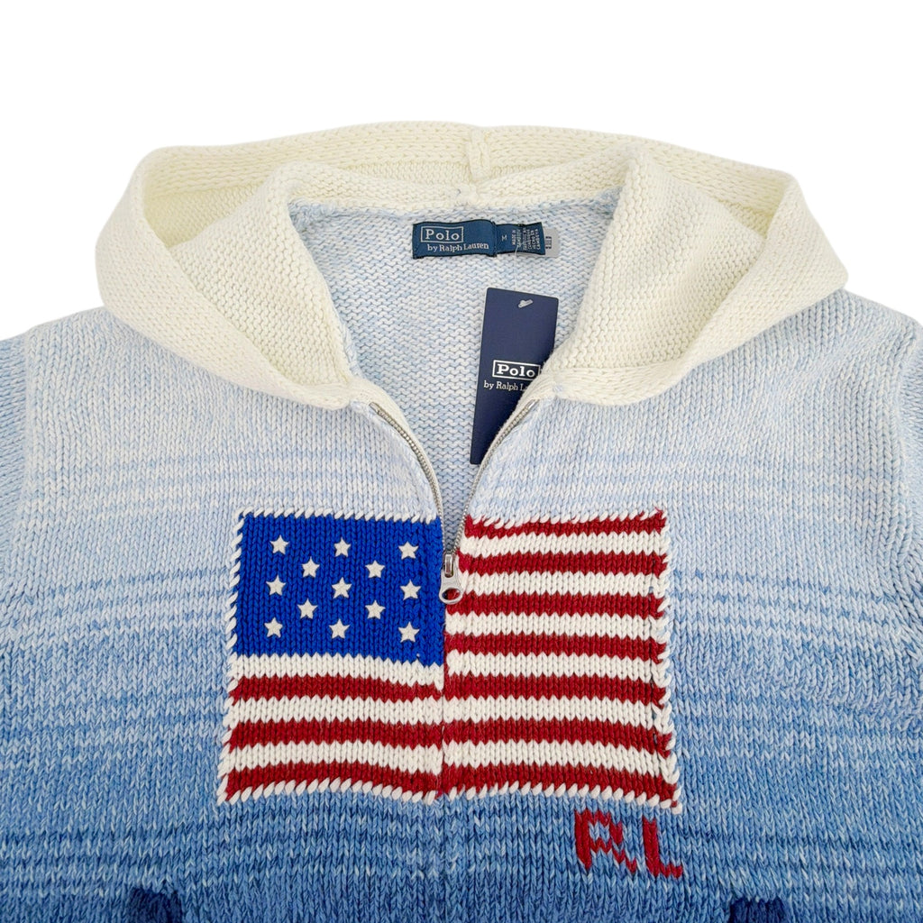 POLO RALPH LAUREN Flag Ombre Zip Hoodie Cardigan in White/Royal Blue M