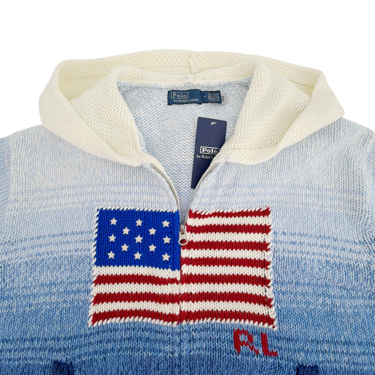 POLO RALPH LAUREN Flag Ombre Zip Hoodie Cardigan in White/Royal Blue M