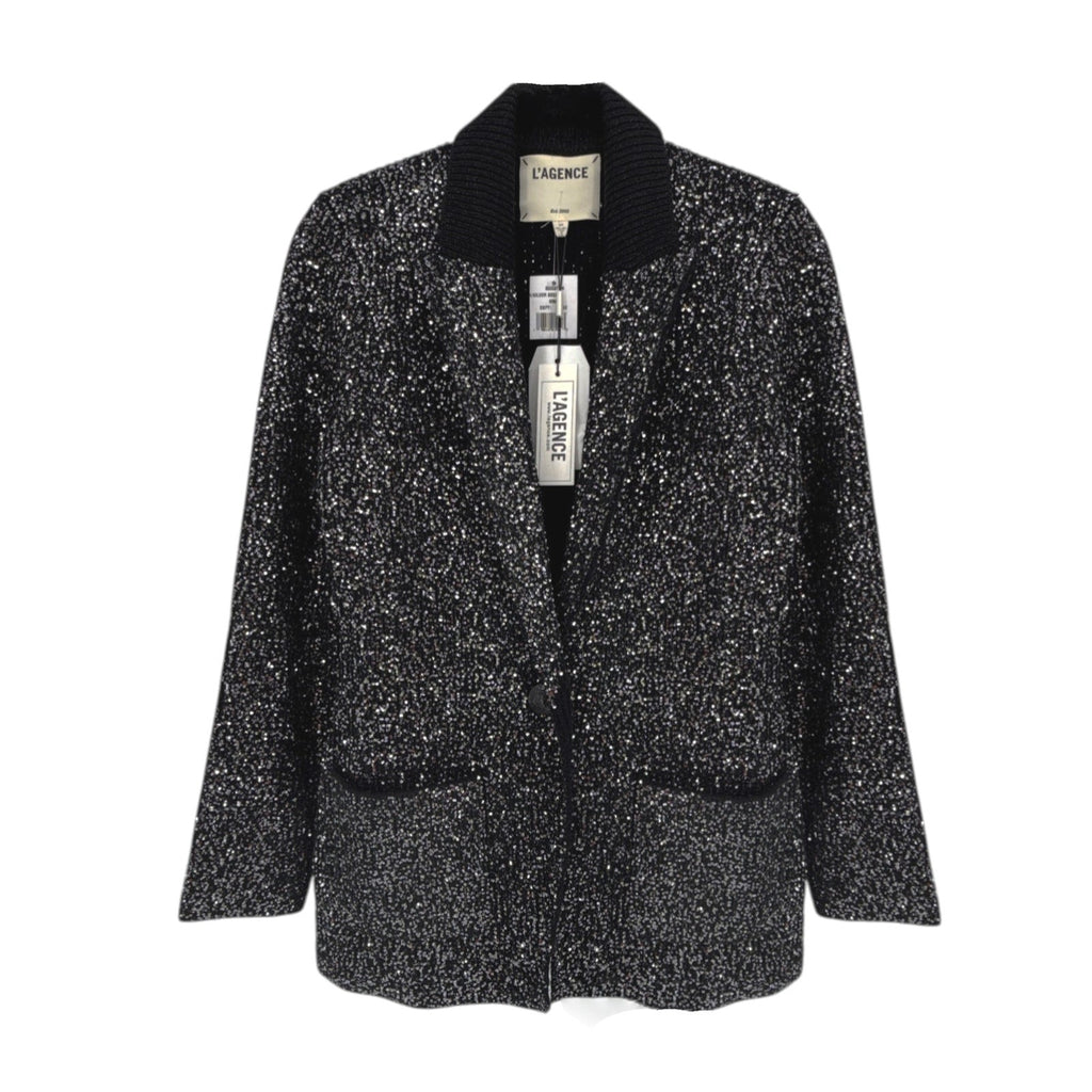 L'AGENCE Leonora Sequin Knit Blazer in Black Silver Sequin S