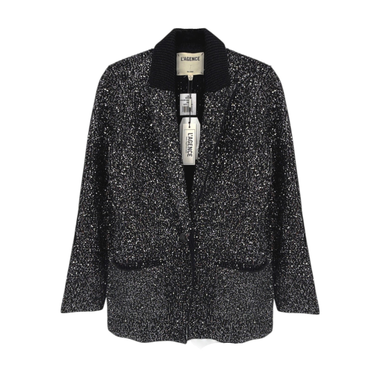 L'AGENCE Leonora Sequin Knit Blazer in Black Silver Sequin S